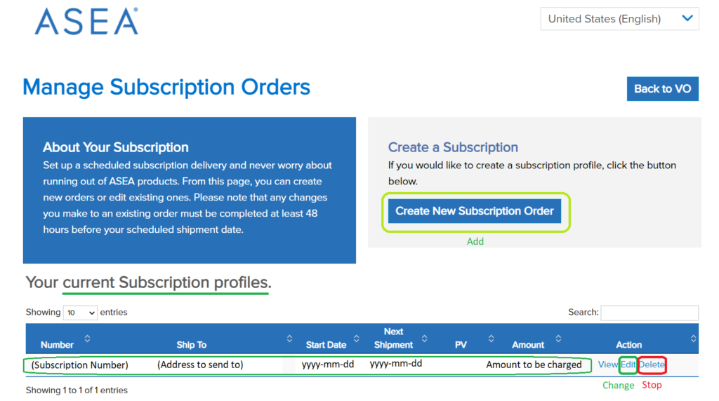 Manage subscription orders screen on ASEA website