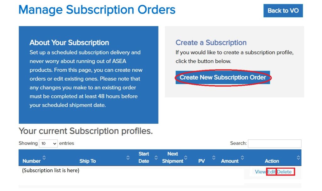 ASEA Manage Subscriptions Page